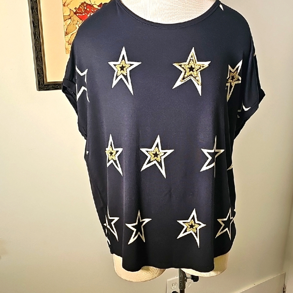 Buffalo David Bitton Star Embellished Top Womens Size L Navy Blue Beaded Jersey